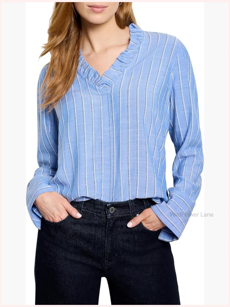 Striped Ruffled V-Neck Long Sleeve Blouse